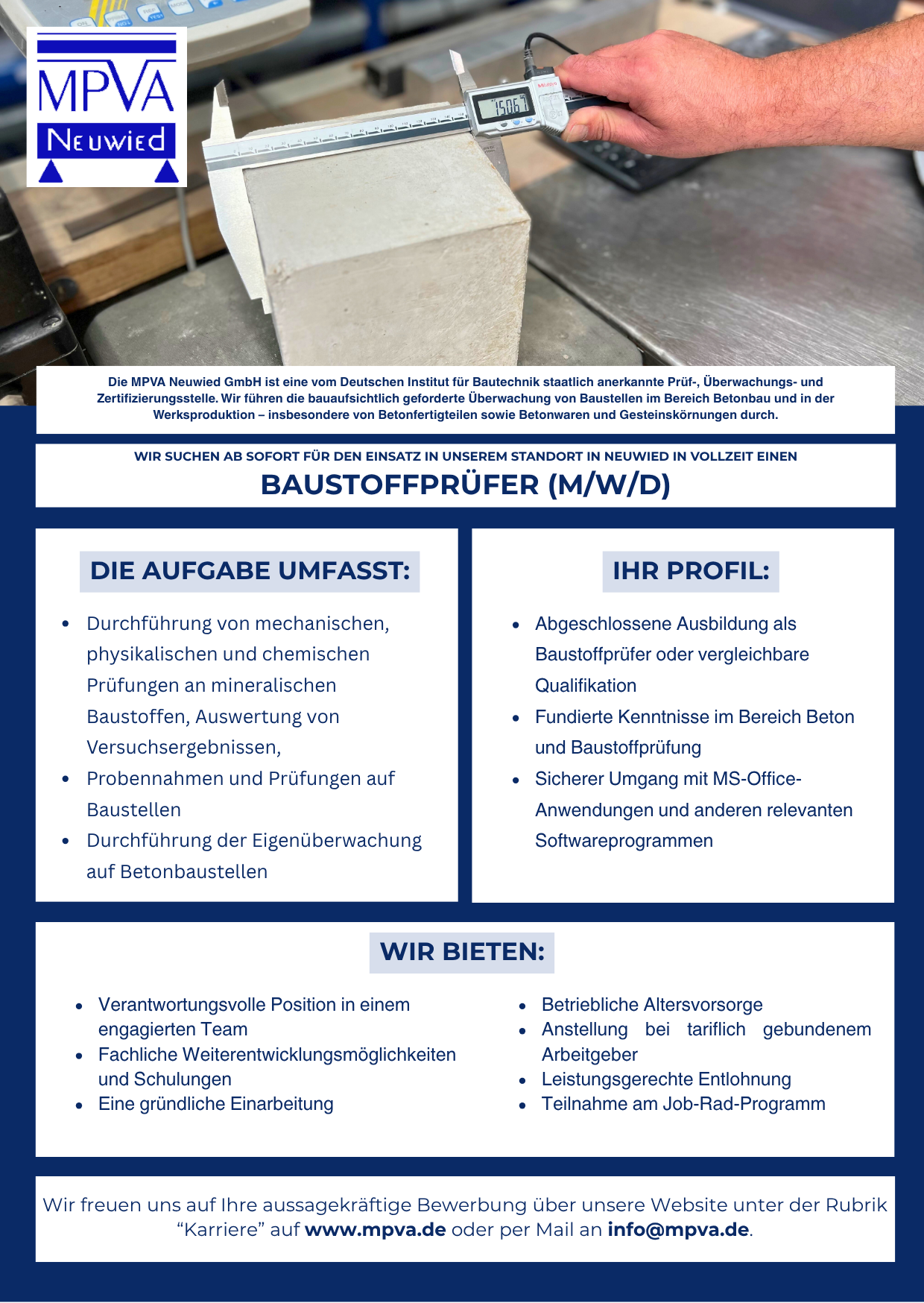 Wir suchen für unseren Standort in Neuwied einen Baustoffprüfer (m/w/d) in Vollzeit. Stellenanzeige Baustoffprüfer